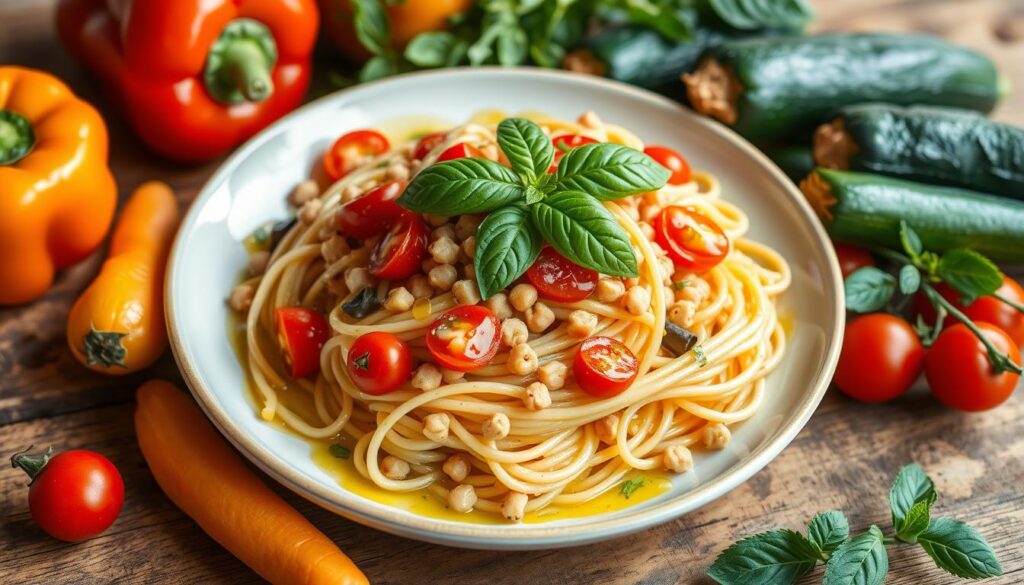 chickpea pasta recipe A vibrant plate of chickpea pasta topped with fresh basil, cherry tomatoes, and drizzled with olive oil, surrounded