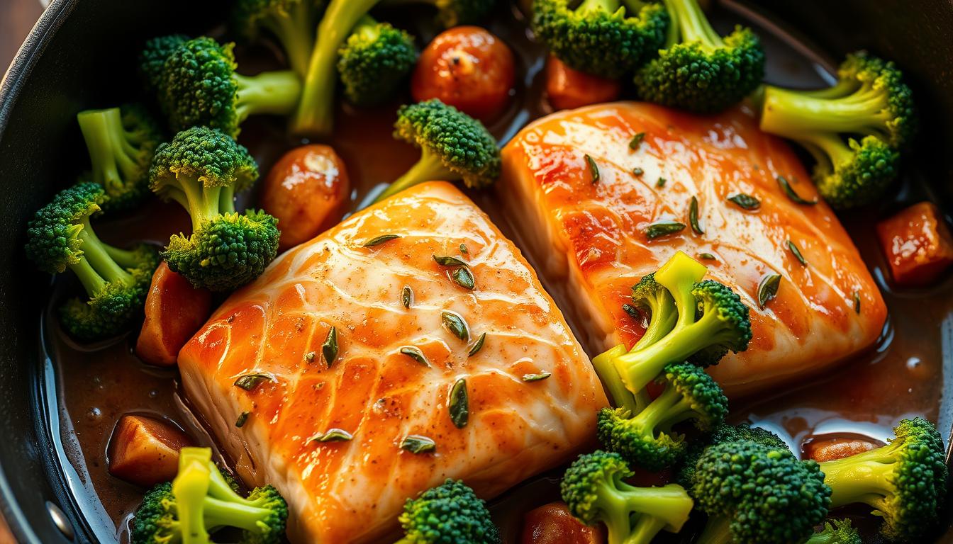 Tasty One-Skillet Garlicky Salmon and Broccoli