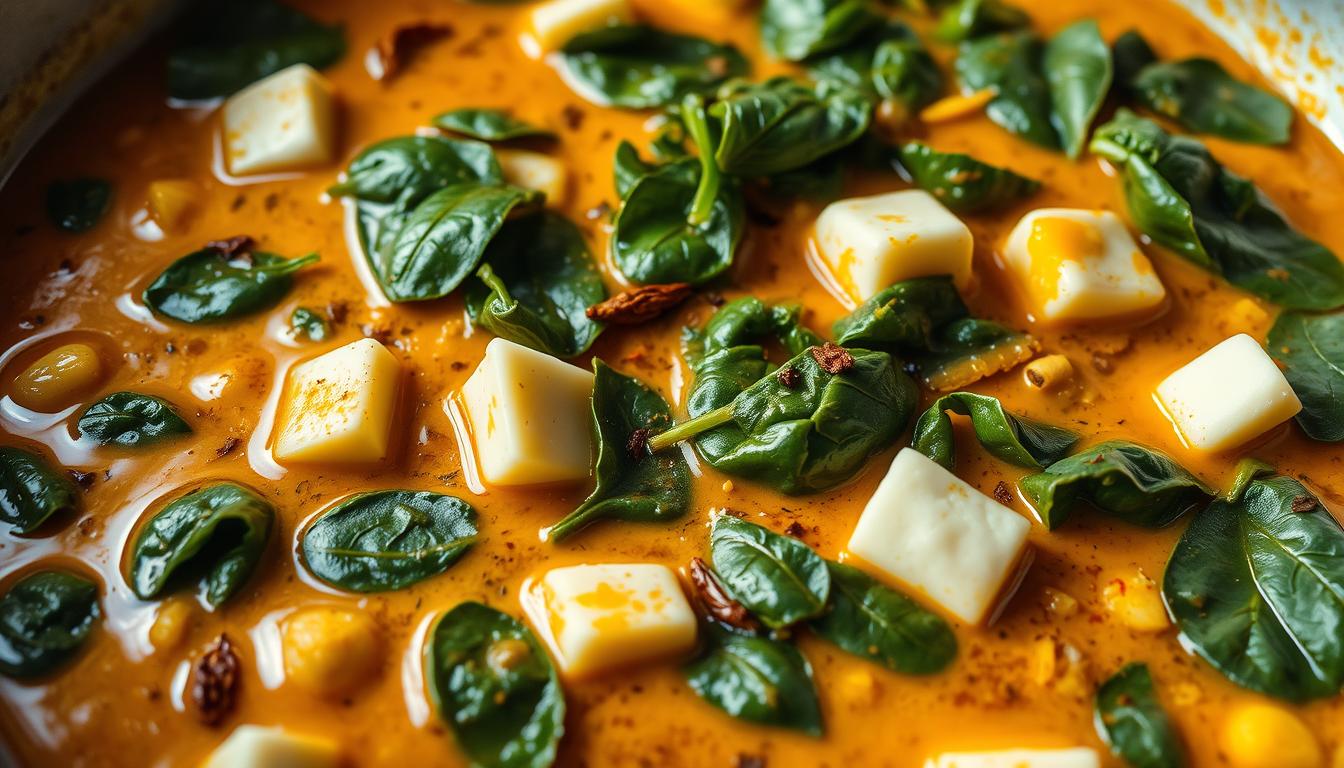 Indulge in Spinach Curry with Cheese Curds